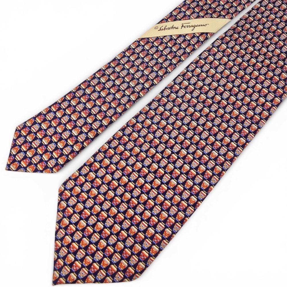 VTG Salvatore Ferragamo Silk Tie Blue Red Orange Greek Urn Jar Print Italy
